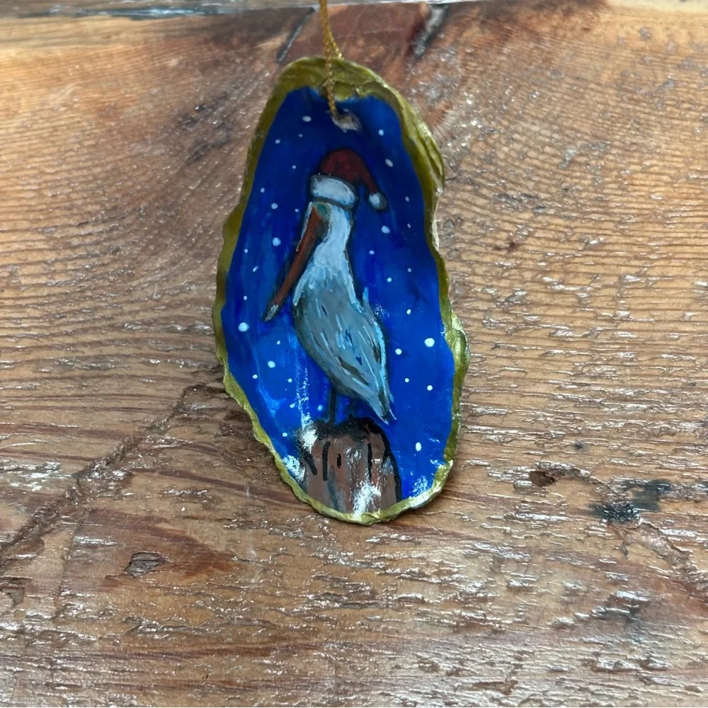 Hand-Painted Pelican Oyster Shell Christmas Ornament Small